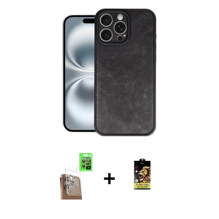 MARSİLYAN™- iPhone 16 Pro Kılıf Kıvılcım Işık Serisi - Siyah Buffer Cam Ekran Koruyucu + Çöl Titanyum Raze Metal Kamera Lens