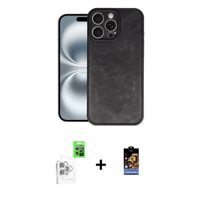 MARSİLYAN™- iPhone 16 Pro Kılıf Kıvılcım Işık Serisi - Siyah Buffer Hayalet Cam Ekran Koruyucu + Raze Metal Kamera Lens - BZ
