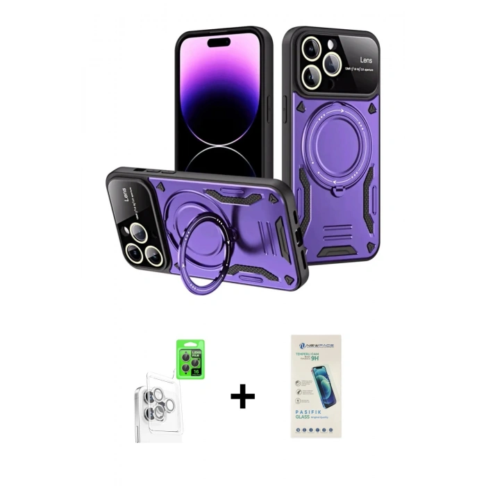 MARSİLYAN™- iPhone 16 Pro Kılıf Kıvılcım Modern Serisi - Şeffaf Pasifik Cam Ekran Koruyucu + Raze Metal Kamera Lens - BZ