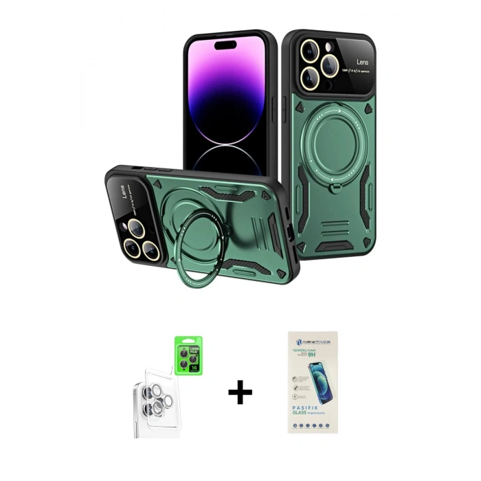 MARSİLYAN™- iPhone 16 Pro Kılıf Kıvılcım Modern Serisi - Şeffaf Pasifik Cam Ekran Koruyucu + Raze Metal Kamera Lens - BZ