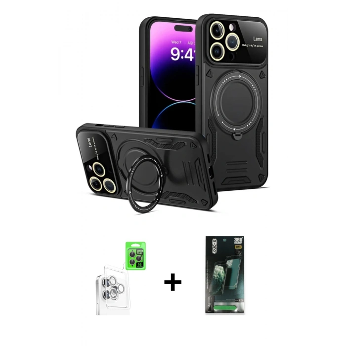 MARSİLYAN™- iPhone 16 Pro Kılıf Kıvılcım Modern Serisi - Siyah 360 Mat Full Body Arka Koruyucu + Raze Metal Kamera Lens - BZ