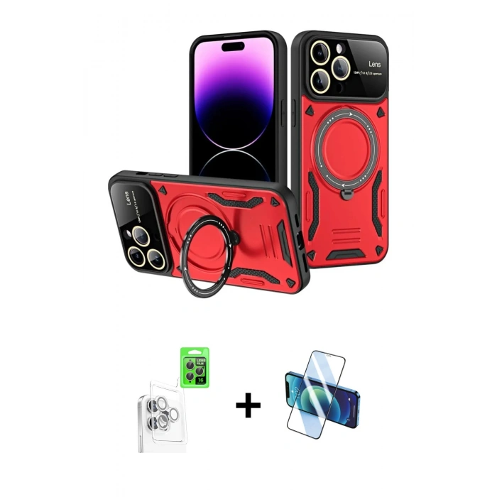 MARSİLYAN™- iPhone 16 Pro Kılıf Kıvılcım Modern Serisi - Siyah 3D Antistatik Cam Ekran Koruyucu + Raze Metal Kamera Lens - BZ