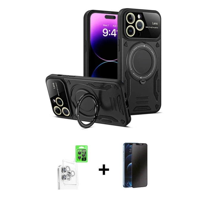 MARSİLYAN™- iPhone 16 Pro Kılıf Kıvılcım Modern Serisi - Siyah 3D Antistatik Hayalet Cam Ekran Koruyucu + Raze Metal Kamera Lens - BZ