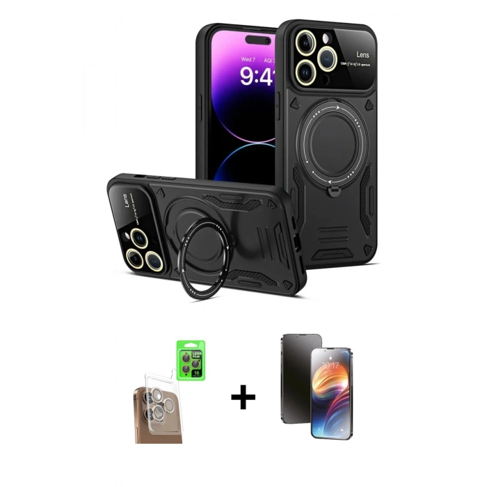 MARSİLYAN™- iPhone 16 Pro Kılıf Kıvılcım Modern Serisi - Siyah 3D Antistatik Mat Seramik Nano Ekran Koruyucu + Raze Metal Kamera Lens - CLTM