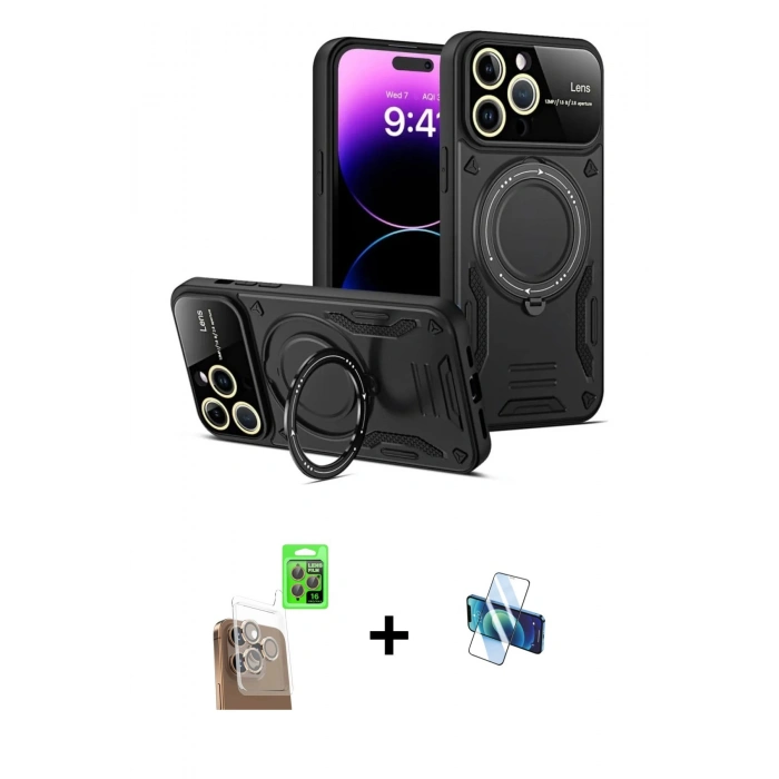 MARSİLYAN™- iPhone 16 Pro Kılıf Kıvılcım Modern Serisi - Siyah 3D Antistatik Seramik Nano Ekran Koruyucu + Raze Metal Kamera Lens - CLTM