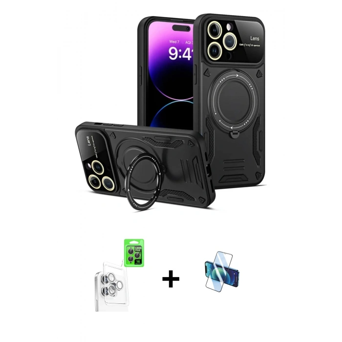 MARSİLYAN™- iPhone 16 Pro Kılıf Kıvılcım Modern Serisi - Siyah 3D Antistatik Seramik Nano Ekran Koruyucu + Raze Metal Kamera Lens - BZ