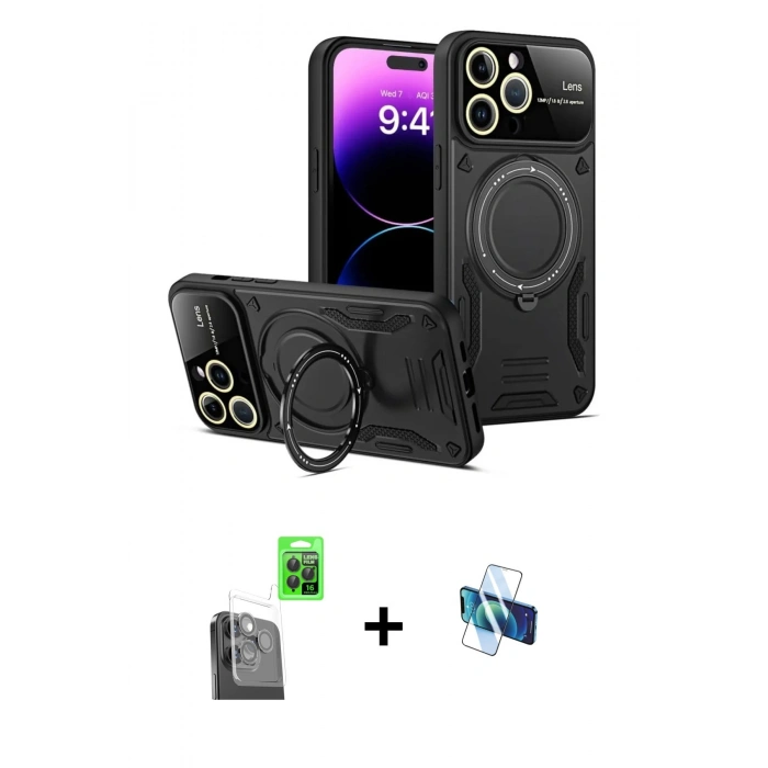 MARSİLYAN™- iPhone 16 Pro Kılıf Kıvılcım Modern Serisi - Siyah 3D Antistatik Seramik Nano Ekran Koruyucu + Raze Metal Kamera Lens - SH