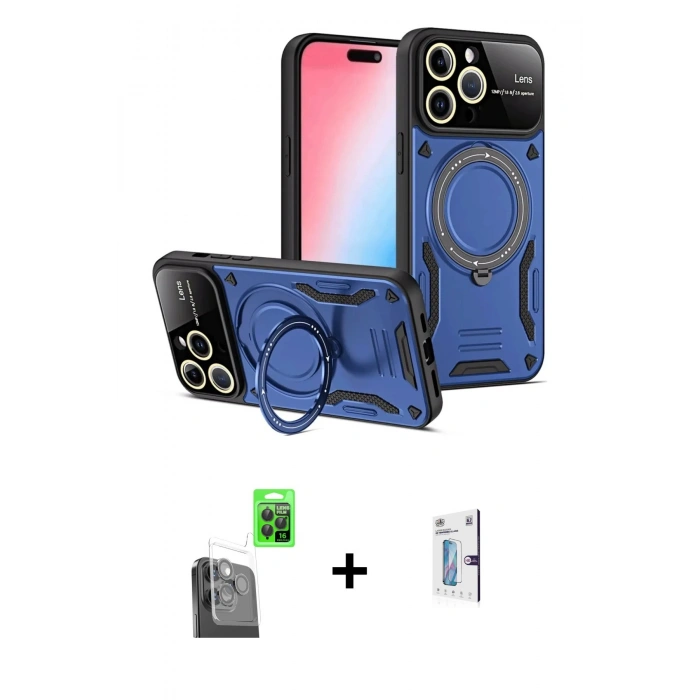 MARSİLYAN™- iPhone 16 Pro Kılıf Kıvılcım Modern Serisi - Siyah Bilvis 0.18mm Plus Cam Ekran Koruyucu + Raze Metal Kamera Lens - SH