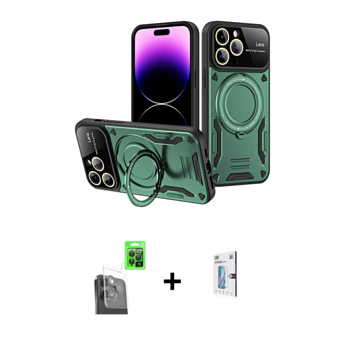 MARSİLYAN™- iPhone 16 Pro Kılıf Kıvılcım Modern Serisi - Siyah Bilvis 0.18mm Plus Cam Ekran Koruyucu + Raze Metal Kamera Lens - SH