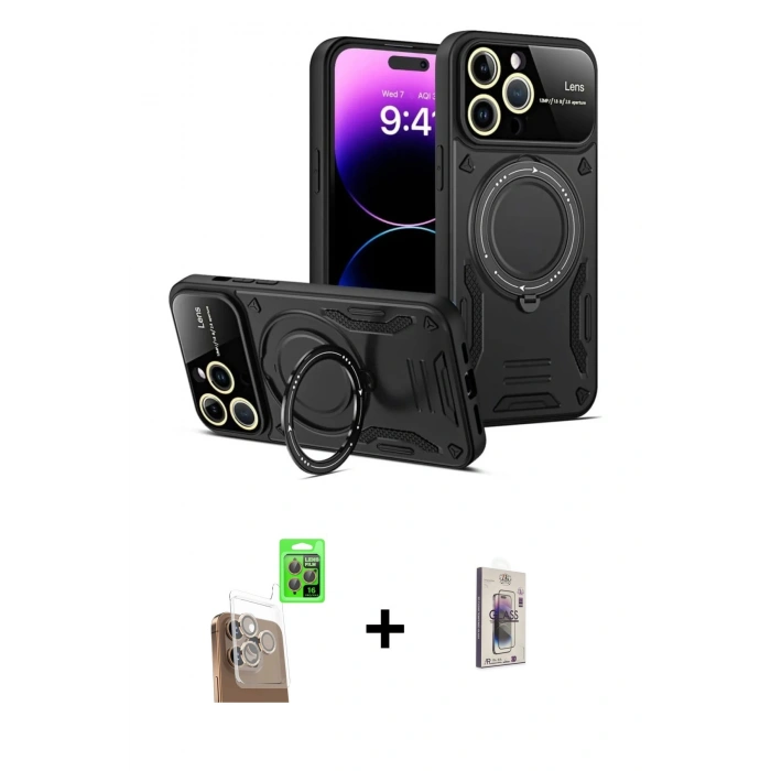 MARSİLYAN™- iPhone 16 Pro Kılıf Kıvılcım Modern Serisi - Siyah Bilvis 3D Cam Ekran Koruyucu + Çöl Titanyum Raze Metal Kamera Lens