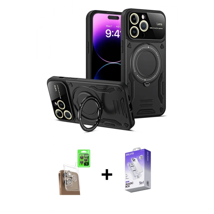 MARSİLYAN™- iPhone 16 Pro Kılıf Kıvılcım Modern Serisi - Siyah Bilvis 5in1 3D Magic Cam Ekran Koruyucu + Raze Metal Kamera Lens - CLTM