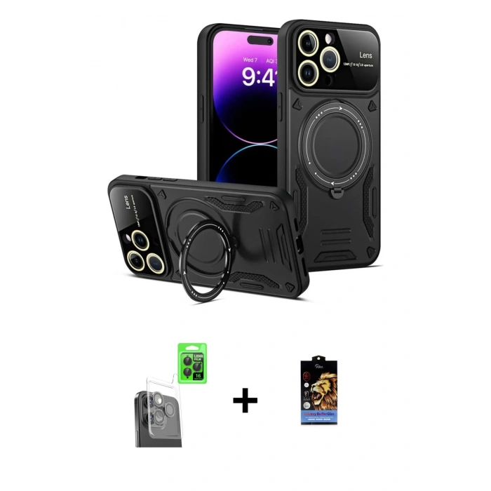 MARSİLYAN™- iPhone 16 Pro Kılıf Kıvılcım Modern Serisi - Siyah Buffer Hayalet Cam Ekran Koruyucu + Raze Metal Kamera Lens - SH