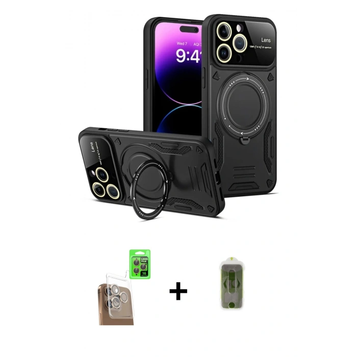 MARSİLYAN™- iPhone 16 Pro Kılıf Kıvılcım Modern Serisi - Siyah Joko Magic 5D Hayalet Cam + Çöl Titanyum Raze Metal Kamera Lens