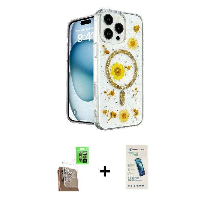 MARSİLYAN™- iPhone 16 Pro Kılıf Kozmos Doku - Şeffaf Pasifik Cam Ekran Koruyucu + Raze Metal Kamera Lens - CLTM
