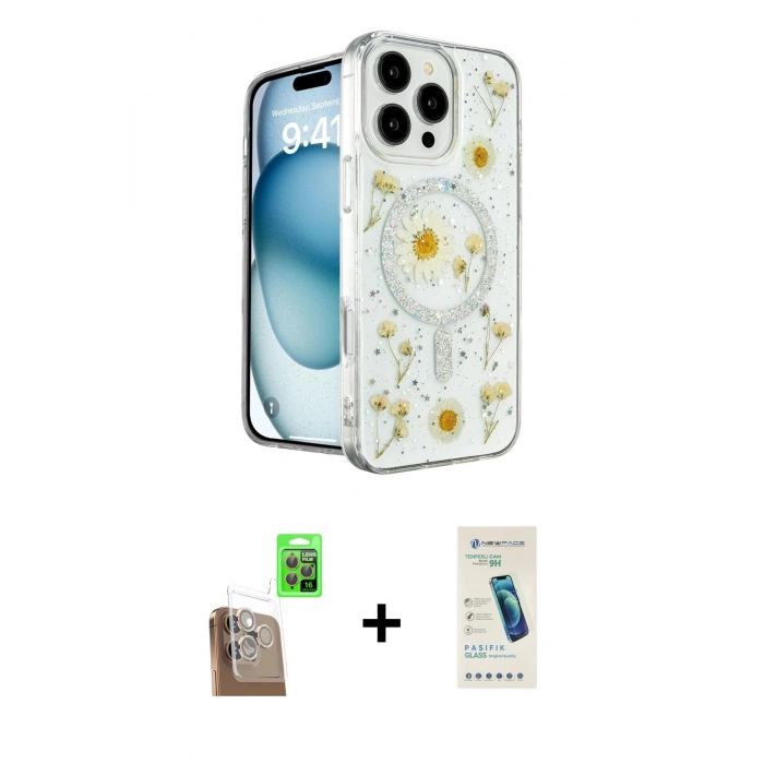 MARSİLYAN™- iPhone 16 Pro Kılıf Kozmos Doku - Şeffaf Pasifik Cam Ekran Koruyucu + Raze Metal Kamera Lens - CLTM