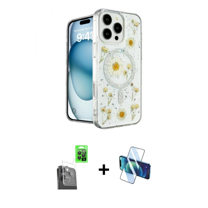 MARSİLYAN™- iPhone 16 Pro Kılıf Kozmos Doku - Siyah 3D Antistatik Cam Ekran Koruyucu + Raze Metal Kamera Lens - SH