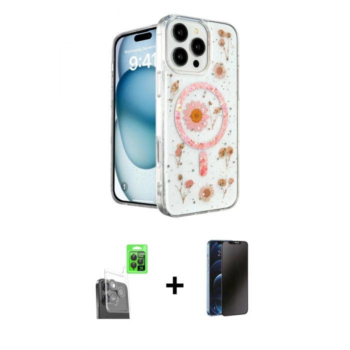MARSİLYAN™- iPhone 16 Pro Kılıf Kozmos Doku - Siyah 3D Antistatik Hayalet Cam Ekran Koruyucu + Raze Metal Kamera Lens - SH