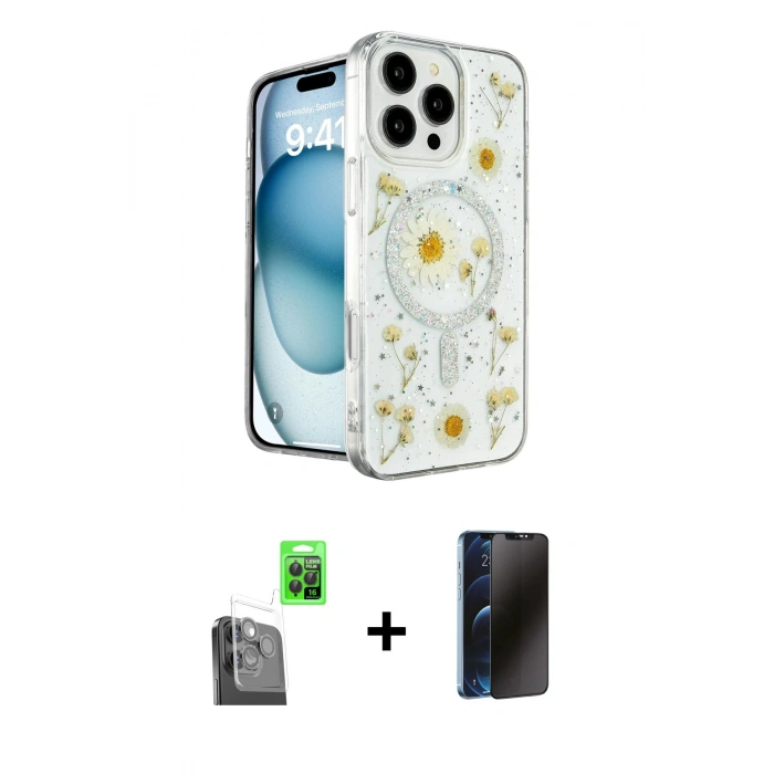 MARSİLYAN™- iPhone 16 Pro Kılıf Kozmos Doku - Siyah 3D Antistatik Hayalet Cam Ekran Koruyucu + Raze Metal Kamera Lens - SH