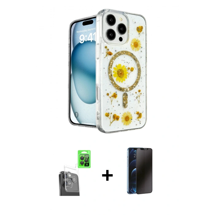 MARSİLYAN™- iPhone 16 Pro Kılıf Kozmos Doku - Siyah 3D Antistatik Hayalet Cam Ekran Koruyucu + Raze Metal Kamera Lens - SH