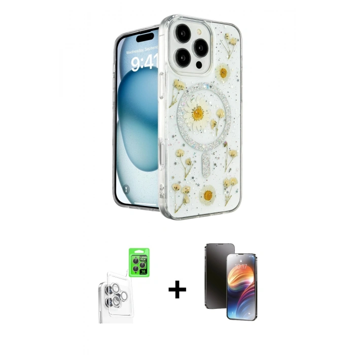 MARSİLYAN™- iPhone 16 Pro Kılıf Kozmos Doku - Siyah 3D Antistatik Mat Seramik Nano Ekran Koruyucu + Raze Metal Kamera Lens - BZ