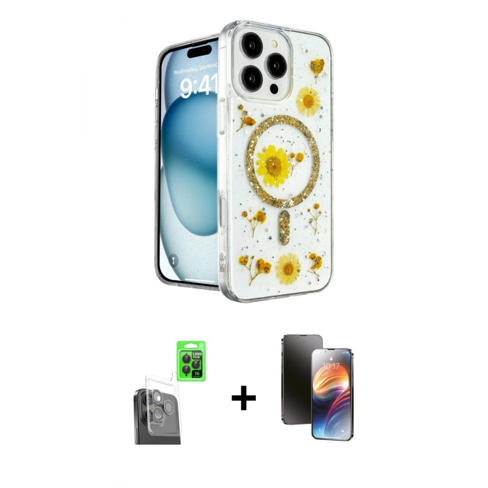MARSİLYAN™- iPhone 16 Pro Kılıf Kozmos Doku - Siyah 3D Antistatik Mat Seramik Nano Ekran Koruyucu + Raze Metal Kamera Lens - SH