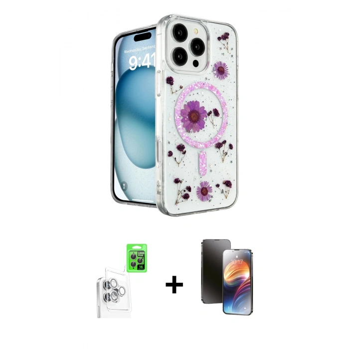 MARSİLYAN™- iPhone 16 Pro Kılıf Kozmos Doku - Siyah 3D Antistatik Mat Seramik Nano Ekran Koruyucu + Raze Metal Kamera Lens - BZ