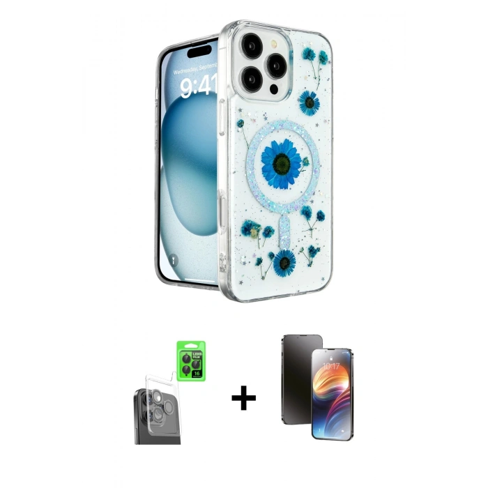 MARSİLYAN™- iPhone 16 Pro Kılıf Kozmos Doku - Siyah 3D Antistatik Mat Seramik Nano Ekran Koruyucu + Raze Metal Kamera Lens - SH