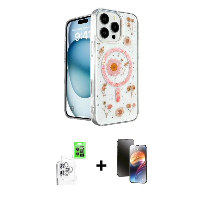 MARSİLYAN™- iPhone 16 Pro Kılıf Kozmos Doku - Siyah 3D Antistatik Mat Seramik Nano Ekran Koruyucu + Raze Metal Kamera Lens - BZ