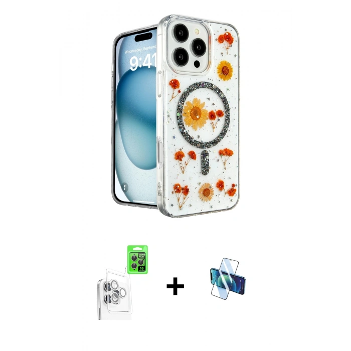 MARSİLYAN™- iPhone 16 Pro Kılıf Kozmos Doku - Siyah 3D Antistatik Seramik Nano Ekran Koruyucu + Raze Metal Kamera Lens - BZ