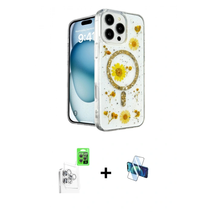 MARSİLYAN™- iPhone 16 Pro Kılıf Kozmos Doku - Siyah 3D Antistatik Seramik Nano Ekran Koruyucu + Raze Metal Kamera Lens - BZ
