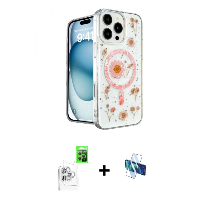 MARSİLYAN™- iPhone 16 Pro Kılıf Kozmos Doku - Siyah 3D Antistatik Seramik Nano Ekran Koruyucu + Raze Metal Kamera Lens - BZ