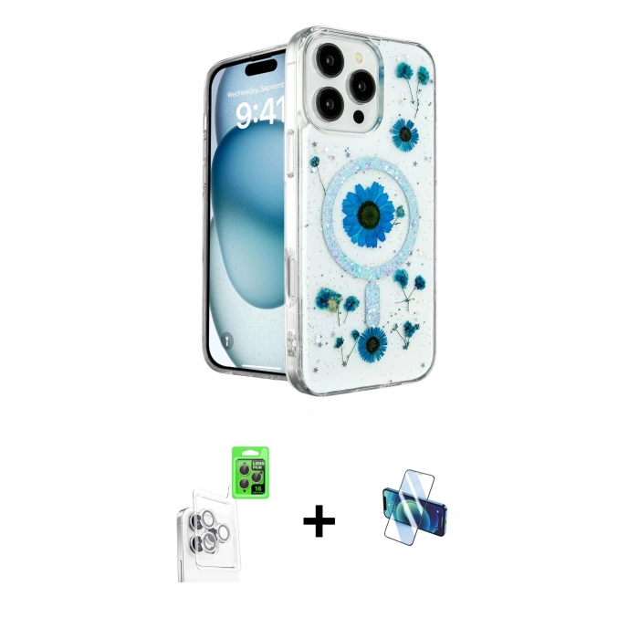 MARSİLYAN™- iPhone 16 Pro Kılıf Kozmos Doku - Siyah 3D Antistatik Seramik Nano Ekran Koruyucu + Raze Metal Kamera Lens - BZ