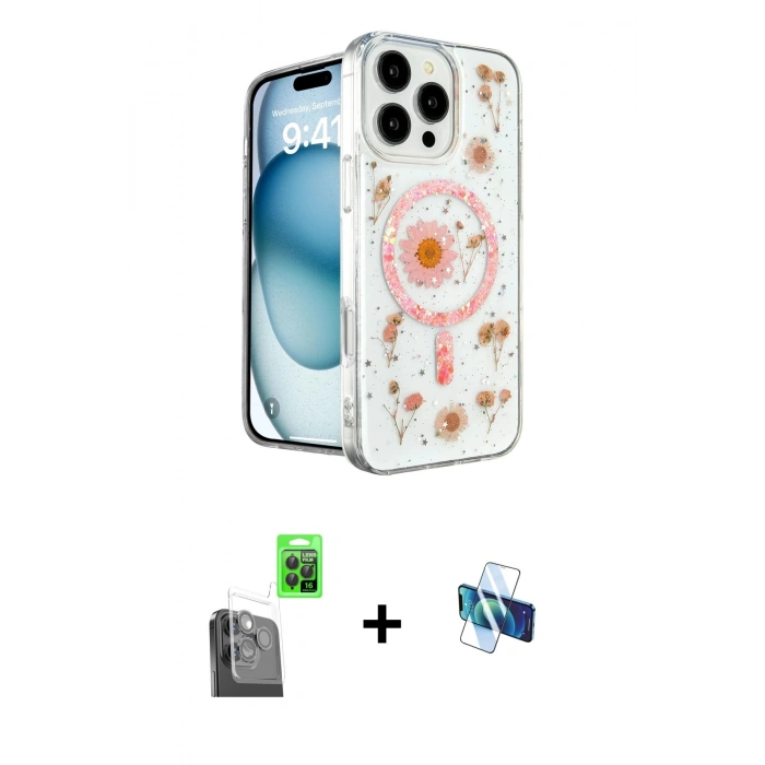 MARSİLYAN™- iPhone 16 Pro Kılıf Kozmos Doku - Siyah 3D Antistatik Seramik Nano Ekran Koruyucu + Raze Metal Kamera Lens - SH