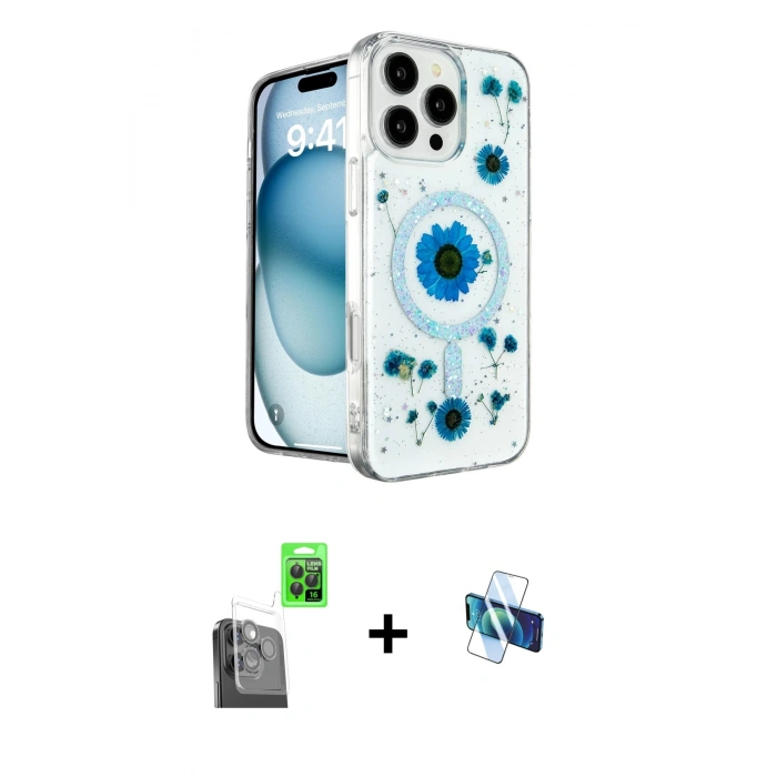 MARSİLYAN™- iPhone 16 Pro Kılıf Kozmos Doku - Siyah 3D Antistatik Seramik Nano Ekran Koruyucu + Raze Metal Kamera Lens - SH