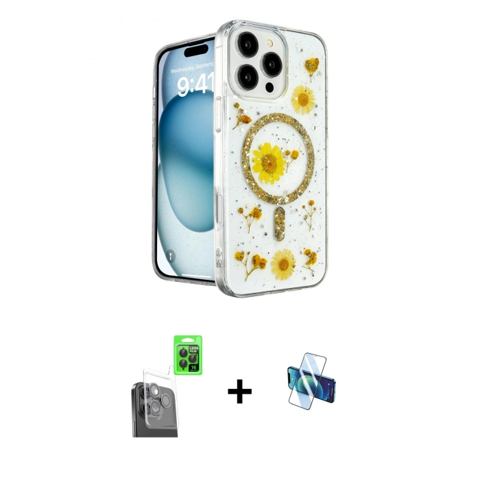 MARSİLYAN™- iPhone 16 Pro Kılıf Kozmos Doku - Siyah 3D Antistatik Seramik Nano Ekran Koruyucu + Raze Metal Kamera Lens - SH
