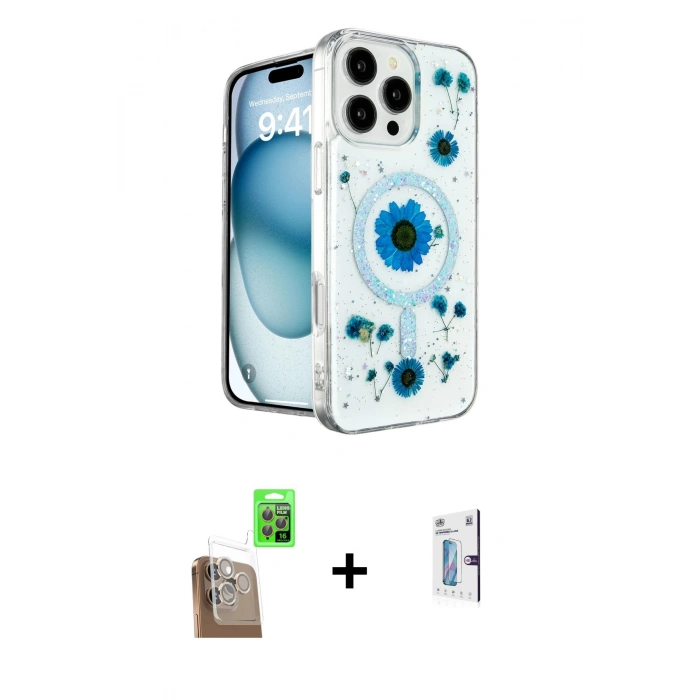 MARSİLYAN™- iPhone 16 Pro Kılıf Kozmos Doku - Siyah Bilvis 0.18mm Plus Cam Ekran Koruyucu + Raze Metal Kamera Lens - CLTM