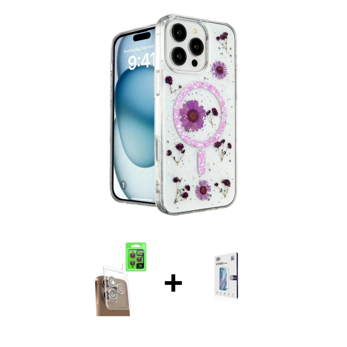 MARSİLYAN™- iPhone 16 Pro Kılıf Kozmos Doku - Siyah Bilvis 0.18mm Plus Cam Ekran Koruyucu + Raze Metal Kamera Lens - CLTM