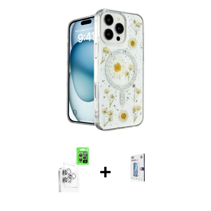 MARSİLYAN™- iPhone 16 Pro Kılıf Kozmos Doku - Siyah Bilvis 0.18mm Plus Cam Ekran Koruyucu + Raze Metal Kamera Lens - BZ
