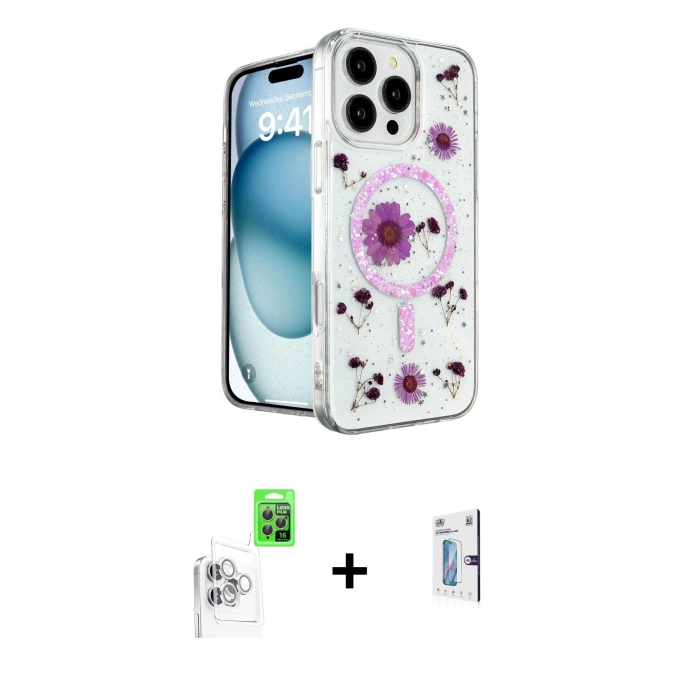MARSİLYAN™- iPhone 16 Pro Kılıf Kozmos Doku - Siyah Bilvis 0.18mm Plus Cam Ekran Koruyucu + Raze Metal Kamera Lens - BZ