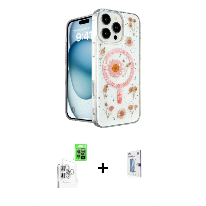 MARSİLYAN™- iPhone 16 Pro Kılıf Kozmos Doku - Siyah Bilvis 0.18mm Plus Cam Ekran Koruyucu + Raze Metal Kamera Lens - BZ