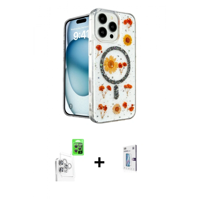 MARSİLYAN™- iPhone 16 Pro Kılıf Kozmos Doku - Siyah Bilvis 0.18mm Plus Cam Ekran Koruyucu + Raze Metal Kamera Lens - BZ