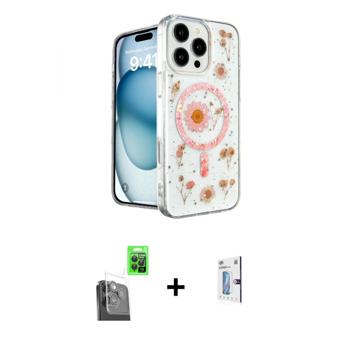MARSİLYAN™- iPhone 16 Pro Kılıf Kozmos Doku - Siyah Bilvis 0.18mm Plus Cam Ekran Koruyucu + Siyah Raze Metal Kamera Lens