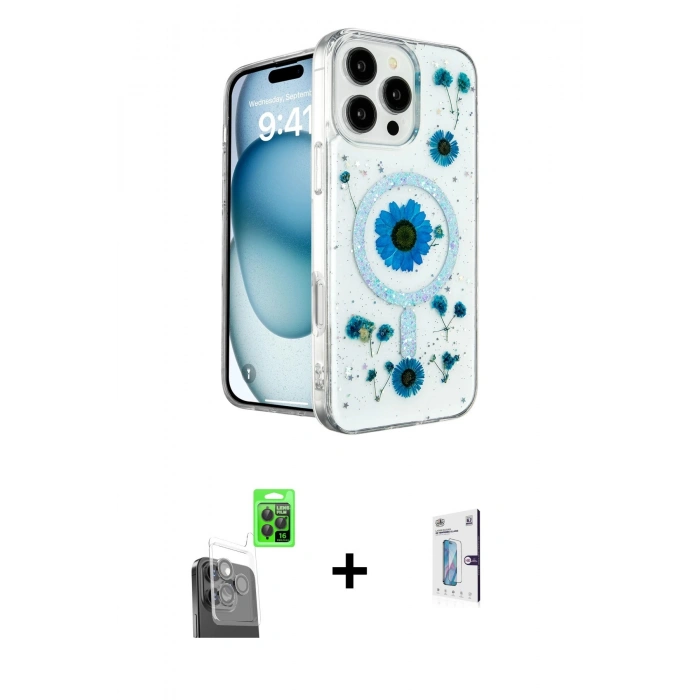 MARSİLYAN™- iPhone 16 Pro Kılıf Kozmos Doku - Siyah Bilvis 0.18mm Plus Cam Ekran Koruyucu + Siyah Raze Metal Kamera Lens