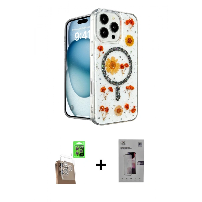 MARSİLYAN™- iPhone 16 Pro Kılıf Kozmos Doku - Siyah Bilvis 3D Mat Cam Ekran Koruyucu + Çöl Titanyum Raze Metal Kamera Lens
