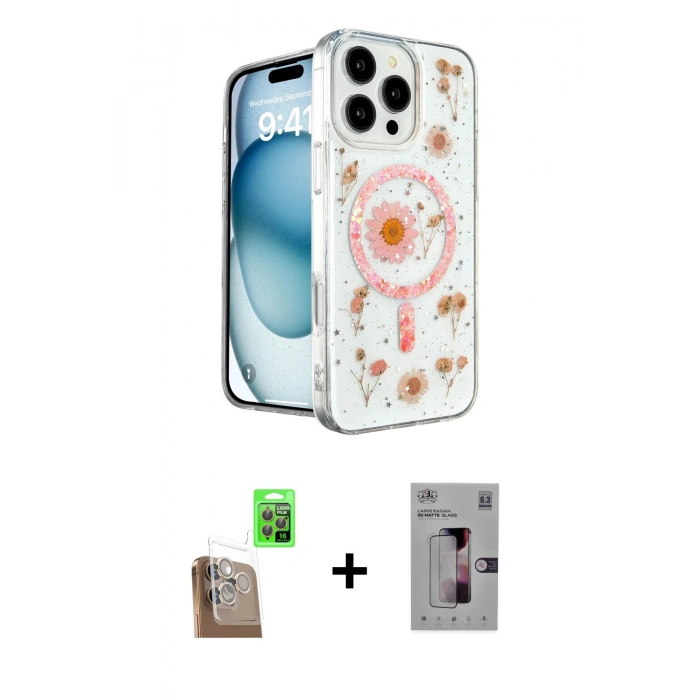 MARSİLYAN™- iPhone 16 Pro Kılıf Kozmos Doku - Siyah Bilvis 3D Mat Cam Ekran Koruyucu + Çöl Titanyum Raze Metal Kamera Lens