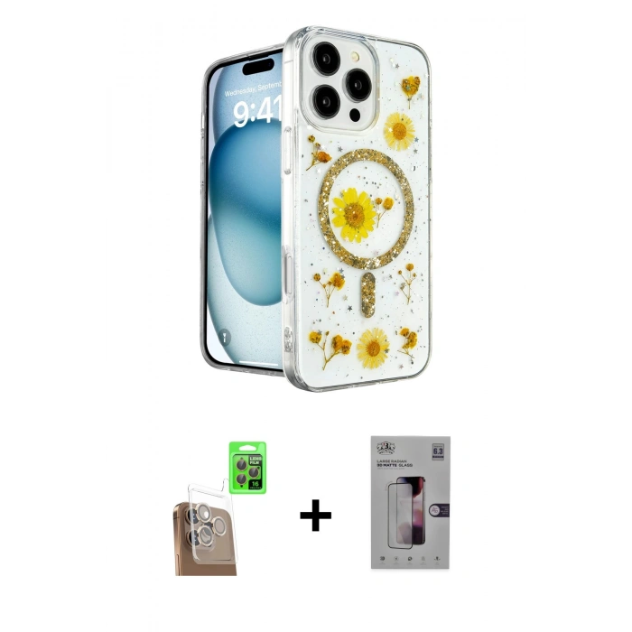 MARSİLYAN™- iPhone 16 Pro Kılıf Kozmos Doku - Siyah Bilvis 3D Mat Cam Ekran Koruyucu + Çöl Titanyum Raze Metal Kamera Lens