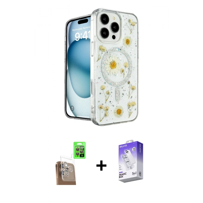 MARSİLYAN™- iPhone 16 Pro Kılıf Kozmos Doku - Siyah Bilvis 5in1 3D Magic Cam Ekran Koruyucu + Çöl Titanyum Raze Metal Kamera Lens