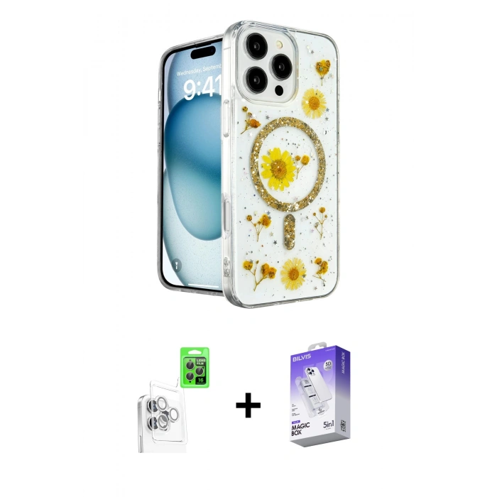 MARSİLYAN™- iPhone 16 Pro Kılıf Kozmos Doku - Siyah Bilvis 5in1 3D Magic Cam Ekran Koruyucu + Raze Metal Kamera Lens - BZ
