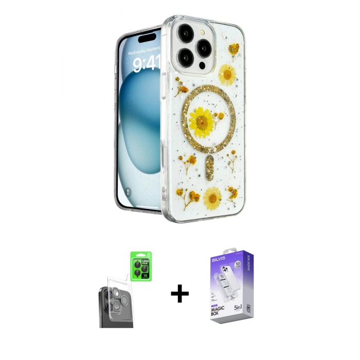 MARSİLYAN™- iPhone 16 Pro Kılıf Kozmos Doku - Siyah Bilvis 5in1 3D Magic Cam Ekran Koruyucu + Raze Metal Kamera Lens - SH