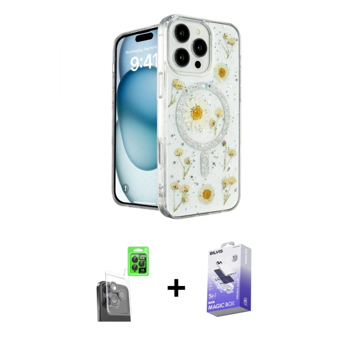 MARSİLYAN™- iPhone 16 Pro Kılıf Kozmos Doku - Siyah Bilvis 5in1 5D Magic Hayalet Cam Ekran Koruyucu + Raze Metal Kamera Lens - SH